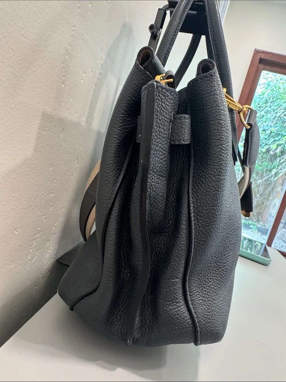 MCM Dark Gray Leather Satchel with Contrast Strap